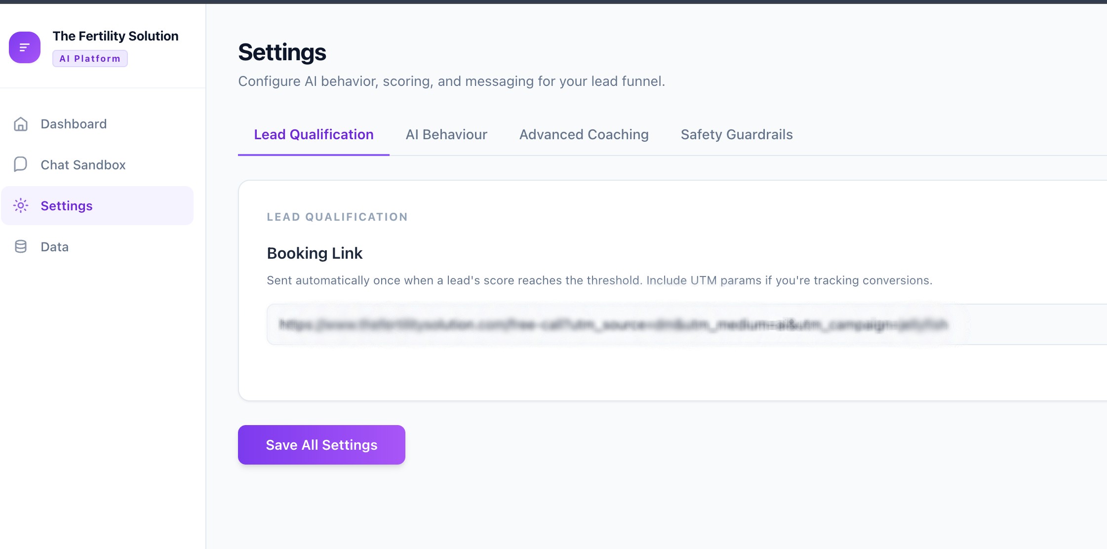 Admin dashboard showing booking link configuration with lead score threshold settings