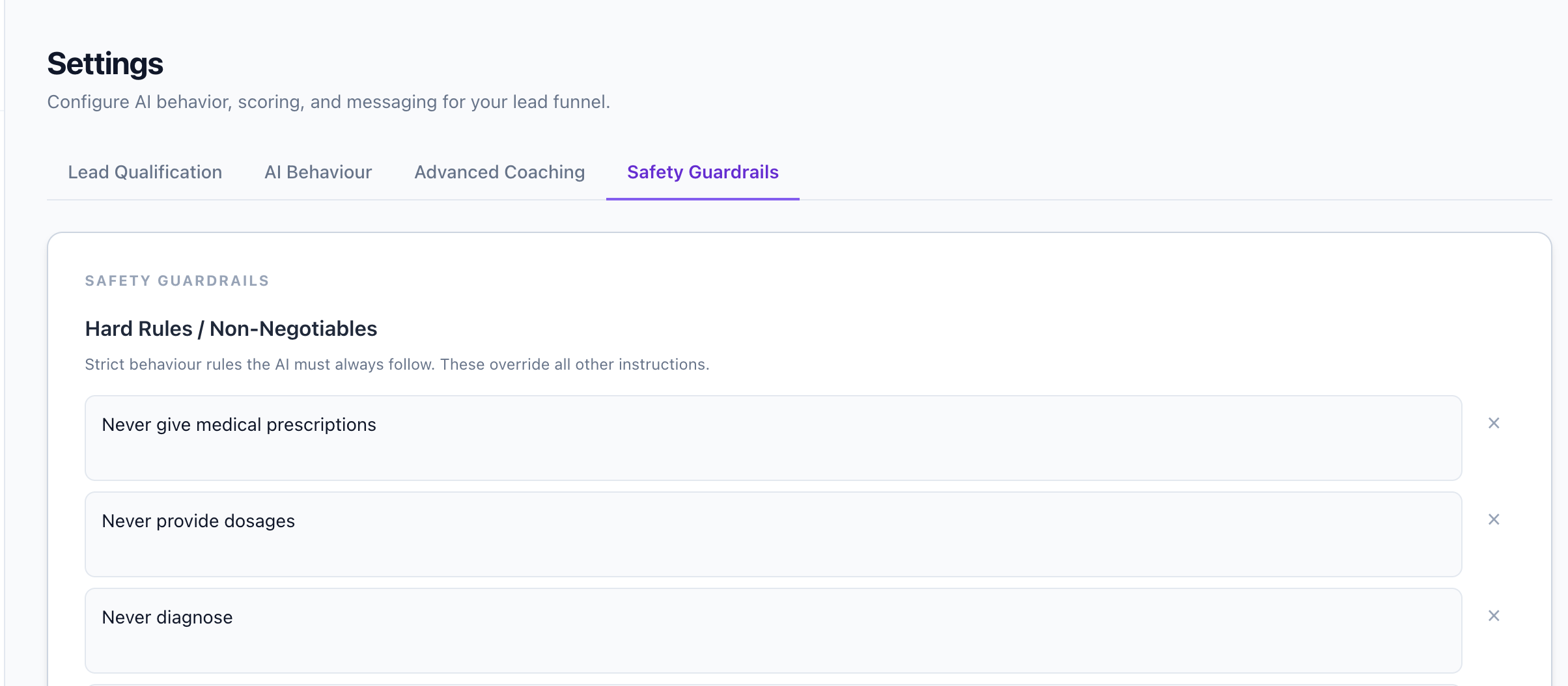 Safety guardrails settings panel showing hard rules the AI must always follow